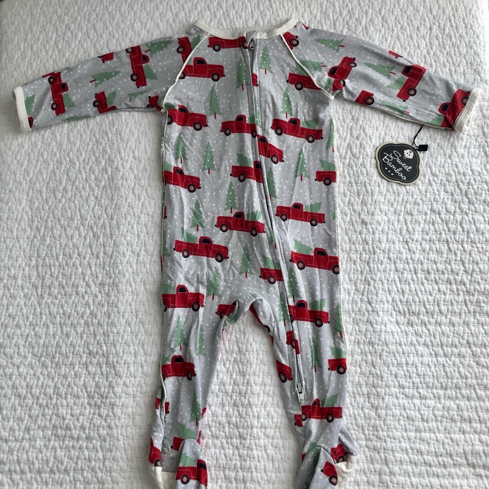 Sweet Bamboo Red Truck Print Footed Zip Onesie